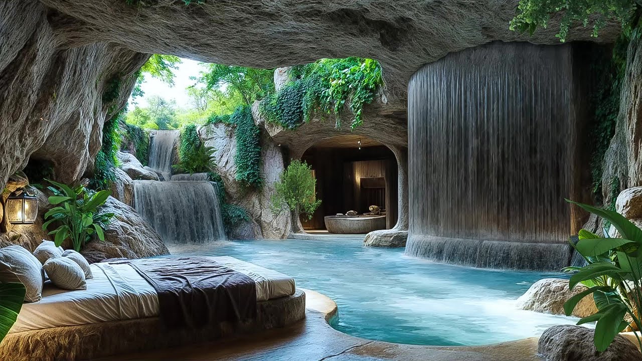 Luxury Cave Bedroom with Waterfall Sounds 🌊 Sleep & Relax in Nature Ambience to Release Stress