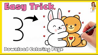 How to Turn 3 into Cute Bunny and Teddy Easy Trick Drawing / BFF Drawing Easy