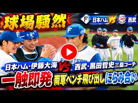 Stadium in uproar: Nippon-Ham's Hiromi Itoh and Seibu's third-base coach Satoshi Kuroda in tense ...