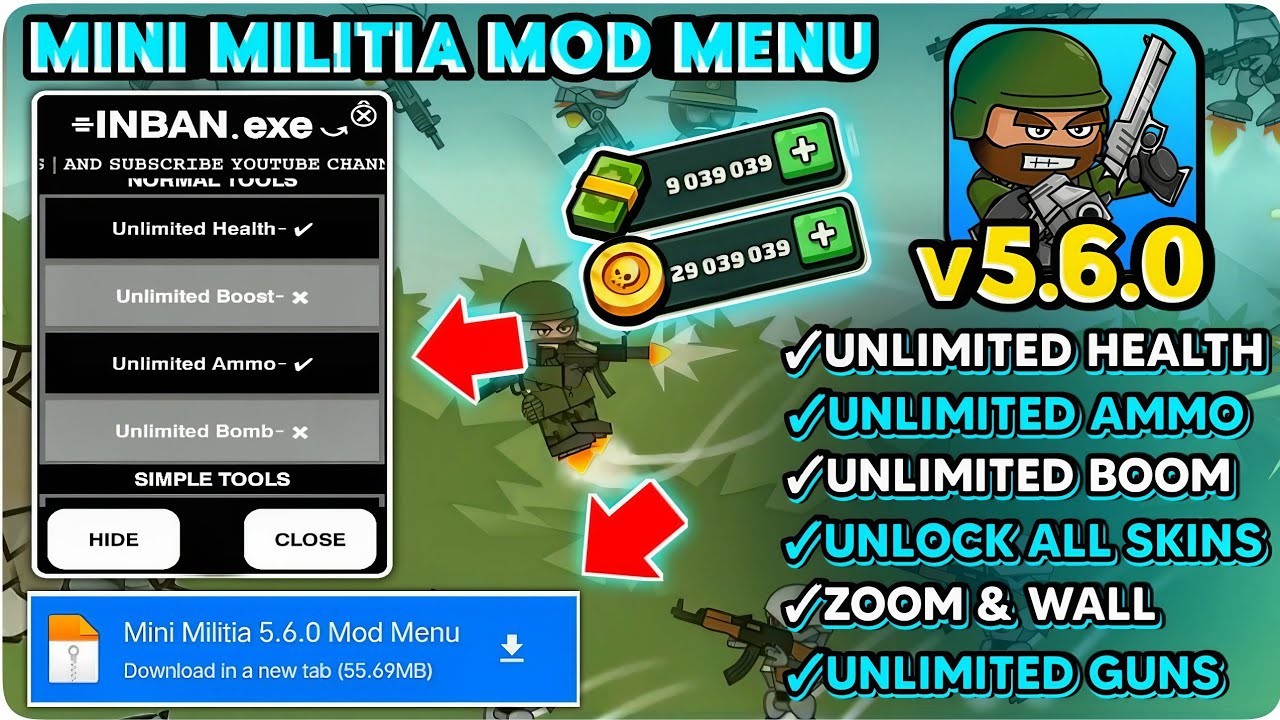 🔥Mini Militia Free Hack 2025 New Update | By INBAN.exe || Latest Mod Menu v5.6.0 | Max Features Free