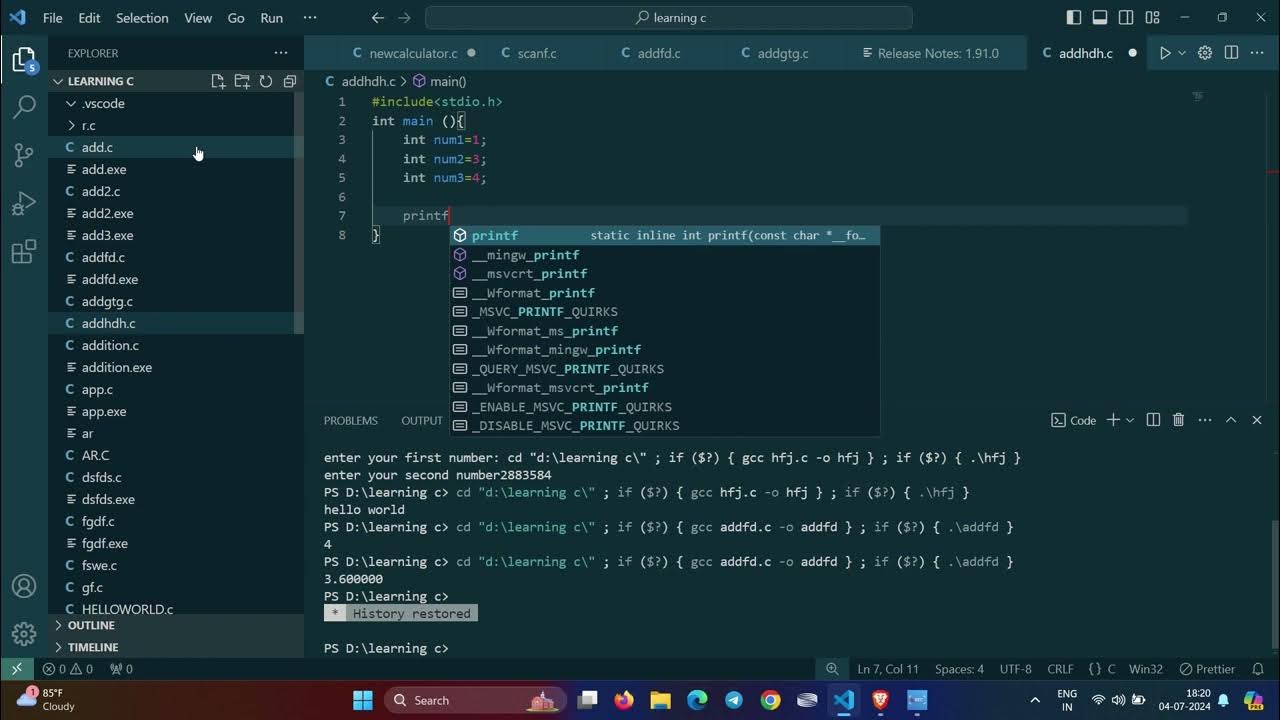 Addition of two numbers in C language using !!Visual studio code ...