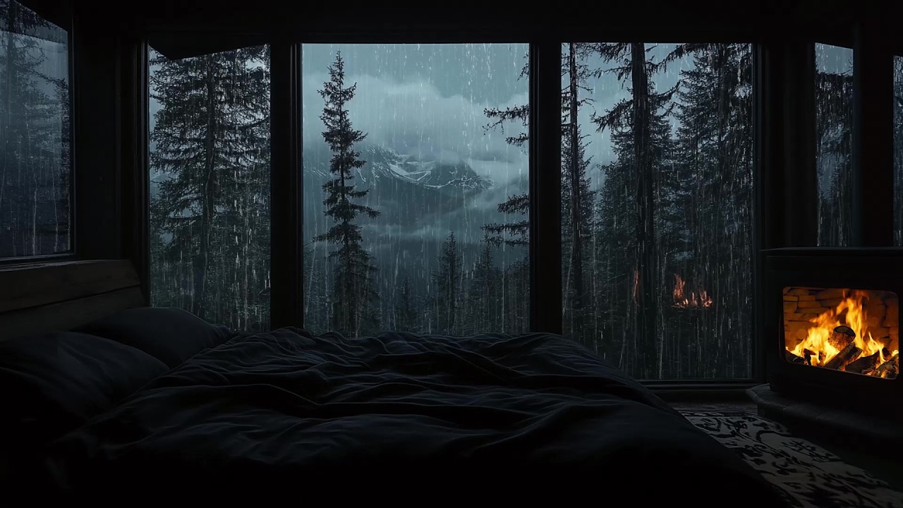 Gentle Rain Piano in a Quiet Forest Cabin 🌧️ | Fireplace Glow & Rainy Window | Calm Sleep Study