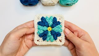 🩵💙 Crochet 3D Flower Granny Square ✨ Puff Stitch Color Work Pattern ✨ Step by Step Tutorial