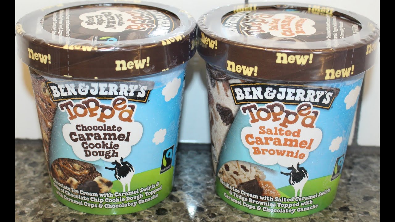 Ben Jerry's Topped: Chocolate Caramel Cookie Dough & Salted Brownie Review - YouTube