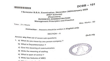 BBA 1st Semester Management Principles and practices question paper 2025 || Business Administration 