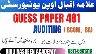 Guess paper 481 Auditing Bcom BA BLIS Aiou | past paper code 481 Aiou | important question 481 Wealth