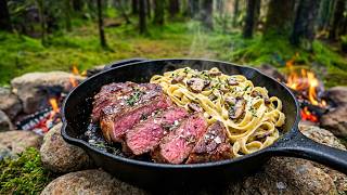 Steak & Mushroom Pasta Cooked Over a Campfire in the Forest