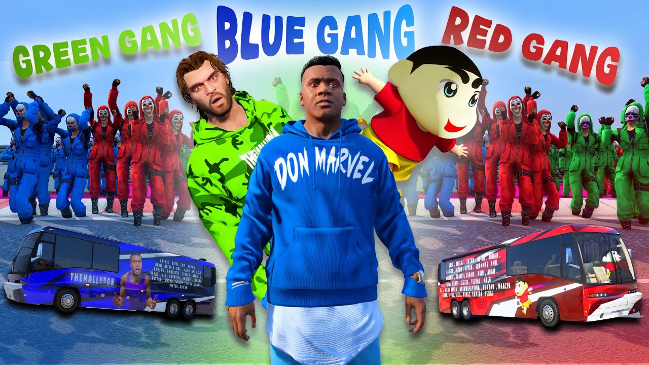 🔥 Shinchan’s ULTIMATE Bus Jump Stunt! 🚍💨💥 Red vs Blue vs GREEN Gang Clash 😱 | Squid Game | GTA 5🔥