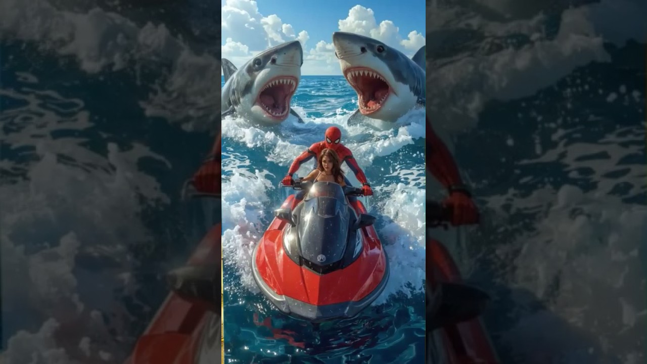 Evolution : Spiderman Rescuing Woman on Jet Ski While Escaping Giant Sharks 