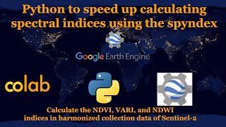 Calculate the NDVI, VARI, and NDWI indices using the spyndex python library in Google Earth Engine