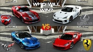 Some gameplay of the 2010 ferrari 458 italia vs 2013 viper gts 2009
corvette zr1 lexus lfa. follow me on twitter -
https://twitter.com/bussdh watc...