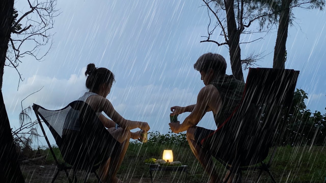 CAMPING | Light RAIN | relaxing OCEAN WAVES and NATURE sounds | Cooking | Campfire | SilentVlog ASMR