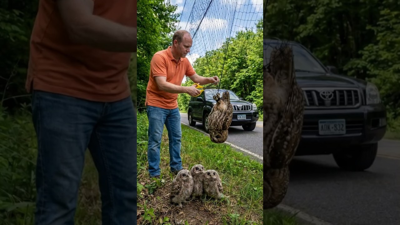 Man Saves an Owl Trapped in a Net as Her Babies Watch 