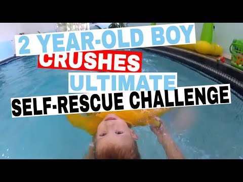 Self rescue swimming - boy falls into pool and gets out independently