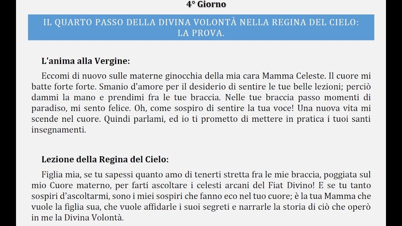04 giorno - IL QUARTO PASSO DELLA DIVINA VOLONTÀ NELLA REGINA DEL CIELO