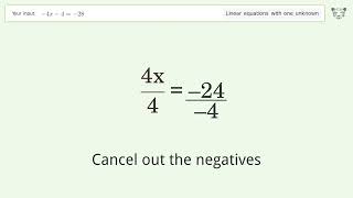 Solve -4x-4=-28: Linear Equation Video Solution | Tiger Algebra