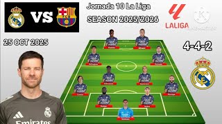 Real Madrid vs Barcelona ~ Predicted Line-Up Real Madrid 4-4-2 With Mastantuono La Liga 2025/2026