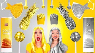 GOLD vs. SILVER FOOD || Eating One Color Food for 24 HRS! Funny Recipes