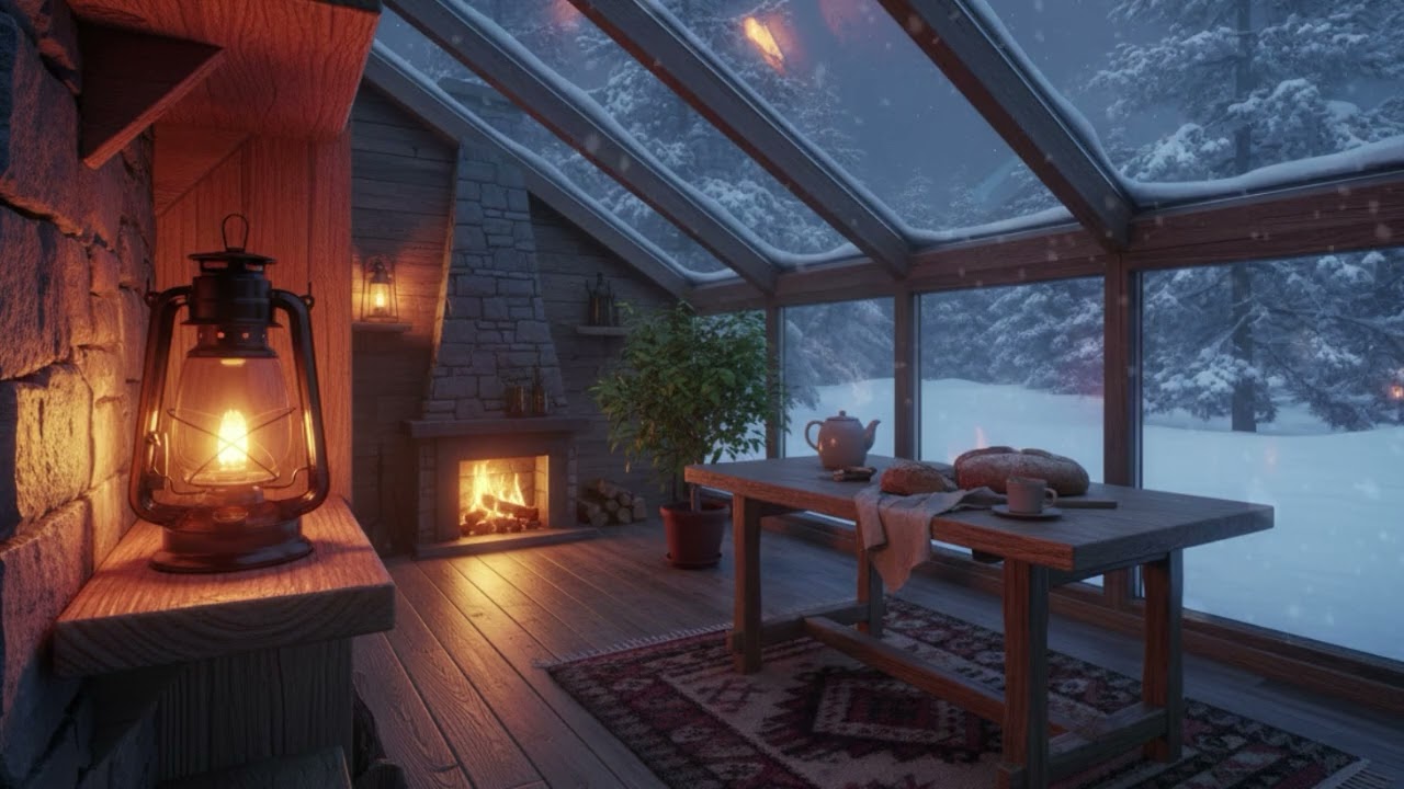 Winter Cabin Lantern Rest – Warm Lantern Glow, Moonlit Snow & Peaceful Winter Calm