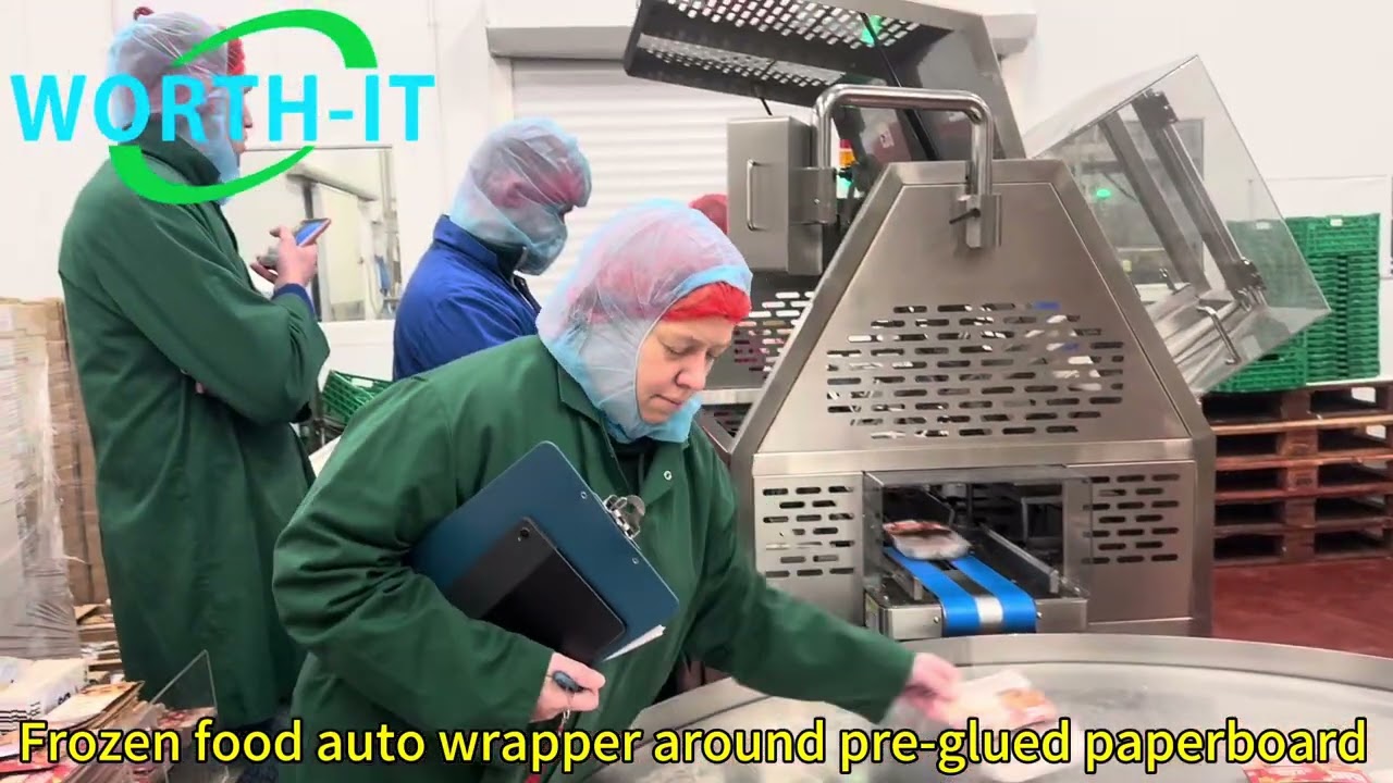 Frozen food end pack machine wrapper with paperboard work at food factory