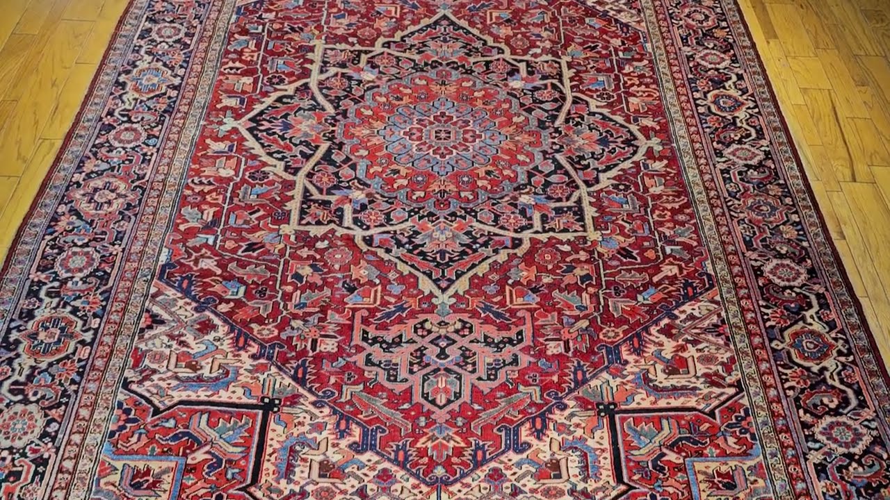 Oversize Persian Heriz Serapi in Geometric Pattern in Pale Yellow, Pink, Blue, Red, SKU 1754