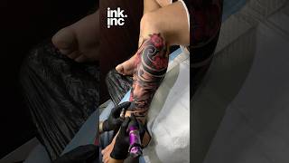 Japanese Leg Sleeve Tattoo Geisha, Hannya Mask, Cherry Blossoms and Temple. #tattoo