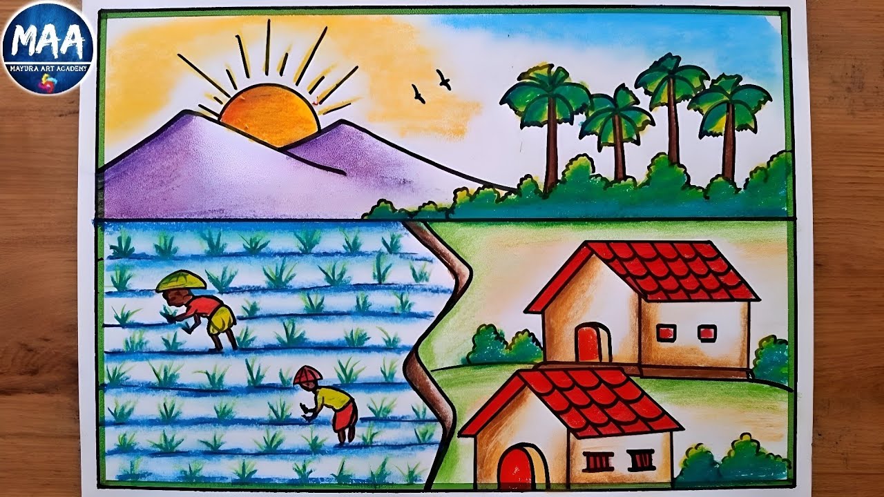 Paddy field with farmer scenery drawing | Kisan Diwas Drawing ...