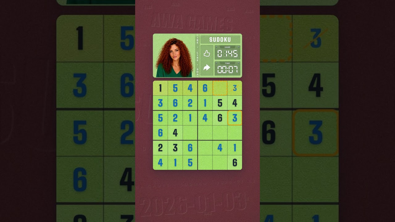LinkedIn Mini Sudoku #145 solved board for January 3, 2026, 6x6 grid
