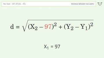 Find the distance between two points p1 (97,47) and p2 (24,-95): Step-by-Step Video Solution
