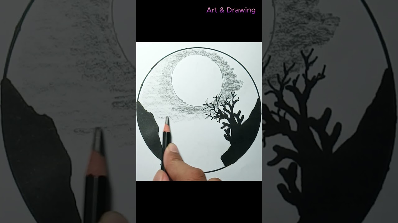 🌑 Dark & White Scenery Drawing: Moon, Mountain, Tree, and Clouds in a Circle (High Contrast Art)