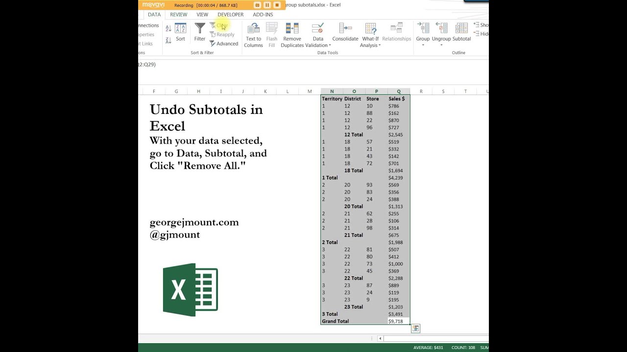 how to remove subtotals in excel