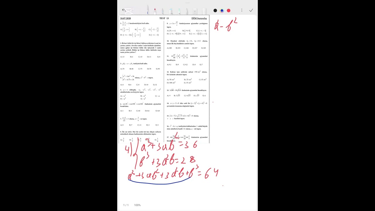 24.07.2020 Buraxılış imtahanı Riyaziyyat sualları.