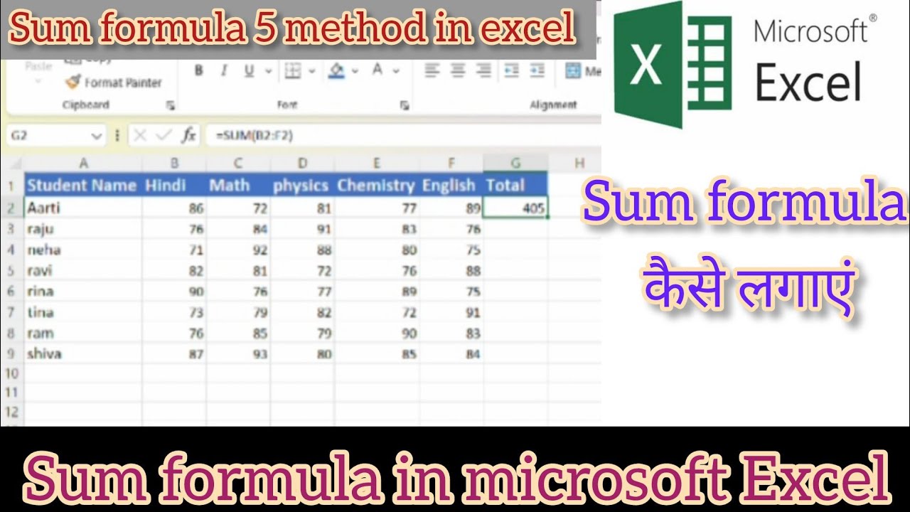 Sum formula in microsoft excel | ms excel me sum formula kaise lagaye ...