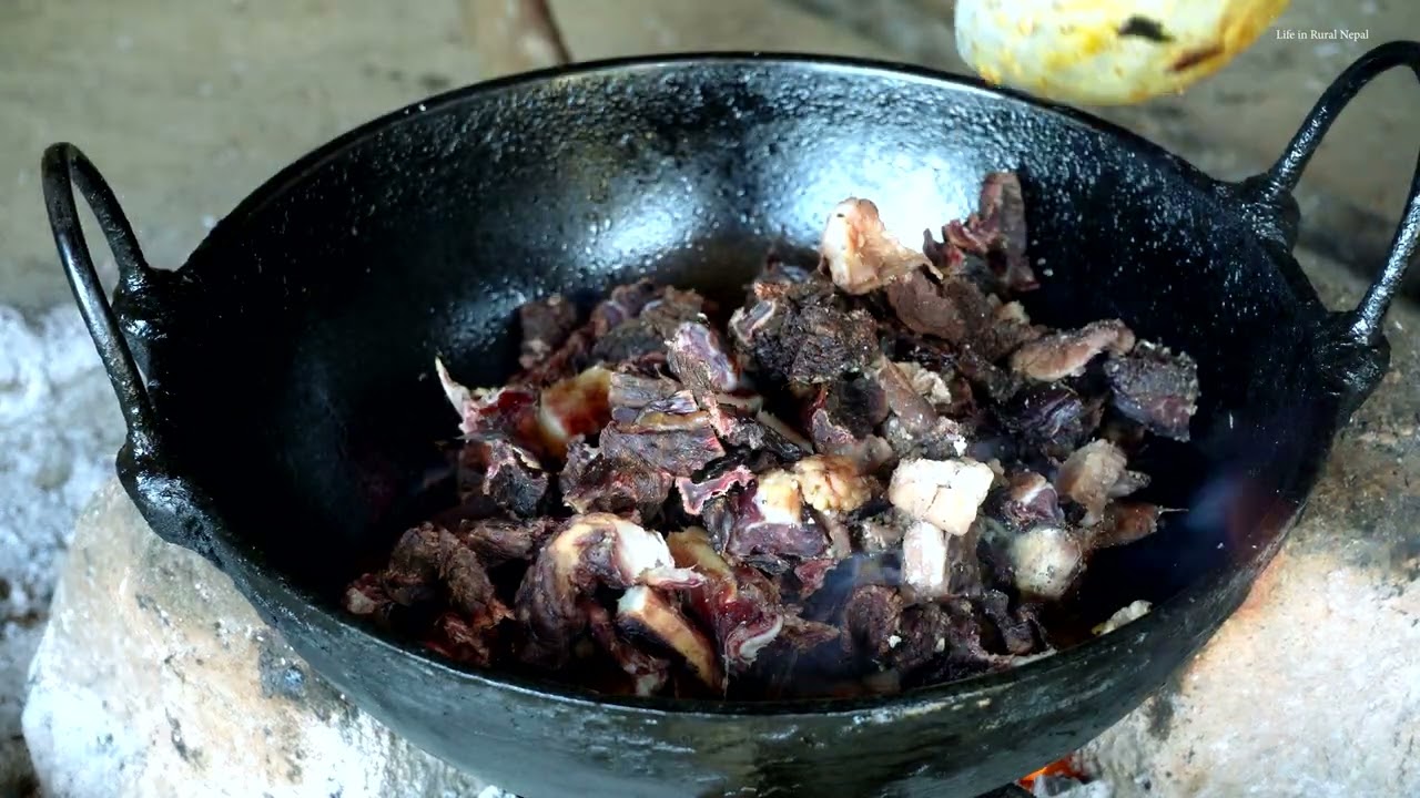 Buff dry meat for curry working, cooking & eating Life in rural