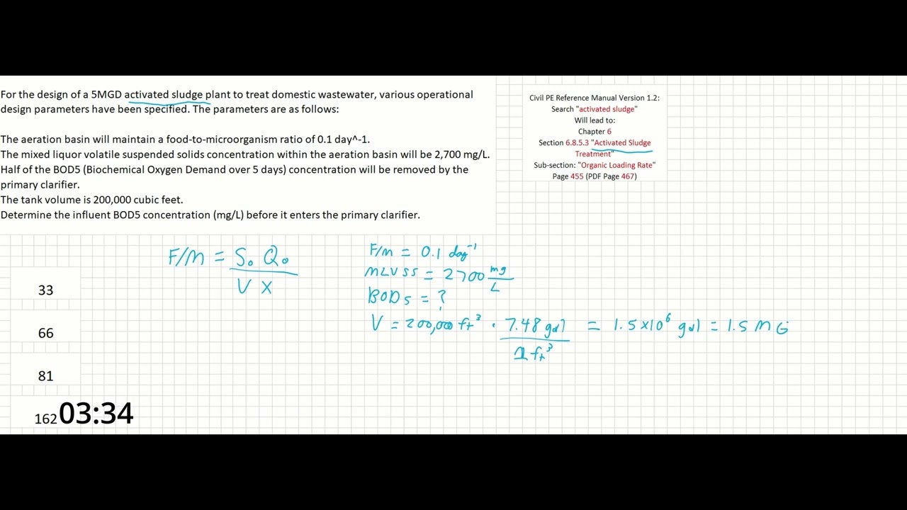 PE Exam Practice Problem #25: Water Resources | Wastewater Aeration - Sludge Treatment - BOD5