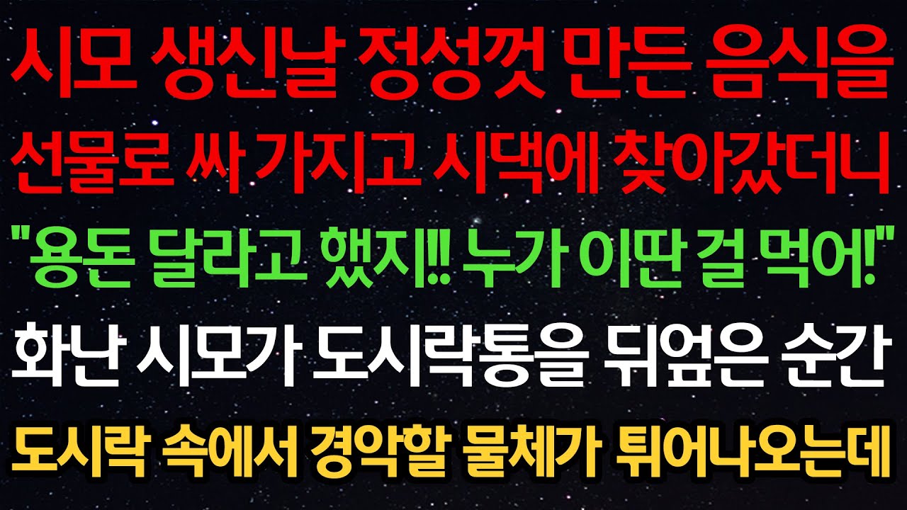 실화사연-시모 생신날 정성껏 만든 음식을 선물로 싸가지고 찾아갔더니 “용돈 달라고 했지! 누가 이딴 걸 먹어!” 화난 시모가 도시락을 뒤엎은 순간 경악할 물체가 튀어나오는데