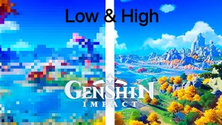 Сравнение максимальной и минимальной графики в Genshin impact на телефоне