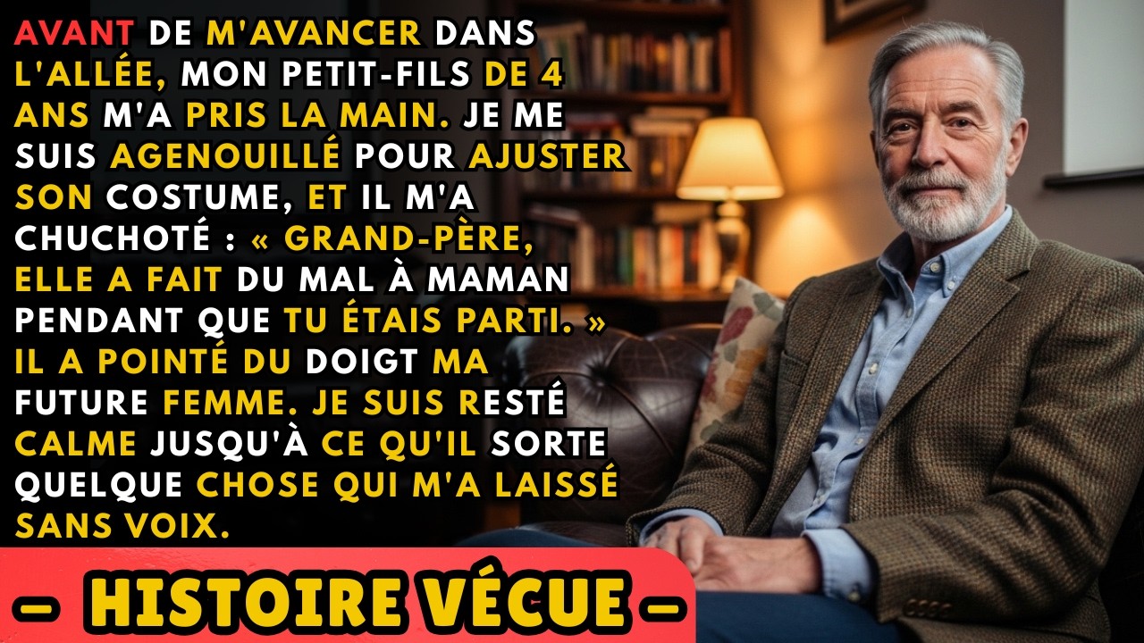 J’étais à quelques mètres de l’autel, en costume, cent vingt invités derrière moi, quand mon petit-fils de quatre ans a tiré sur ma manche. J’ai cru qu’il voulait juste un câlin. Il a collé sa...