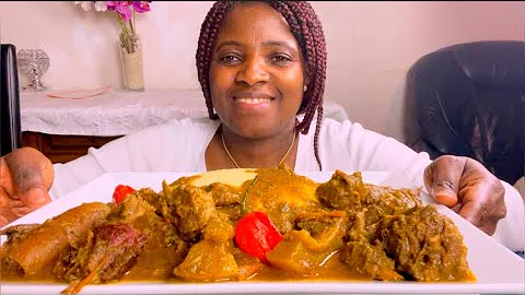 African food mukbang black soup with FUFu bang/eating show/eating soft sounds
