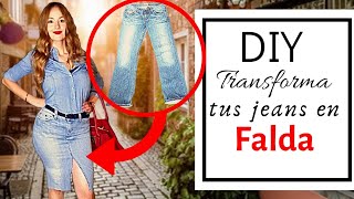 DIY/TUTORIAL TRANSFORMA TUS JEANS VIEJOS EN UNA FALDA SUPER EN TENDENCIA