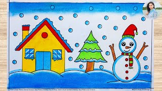 Winter Drawing Step by Step Easy | Winter Season Scenery Drawing | How to Draw Snowfall Drawing Art