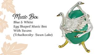 Blue & White Egg Shaped Music Box With Swans (Tchaikovsky- Swan Lake)