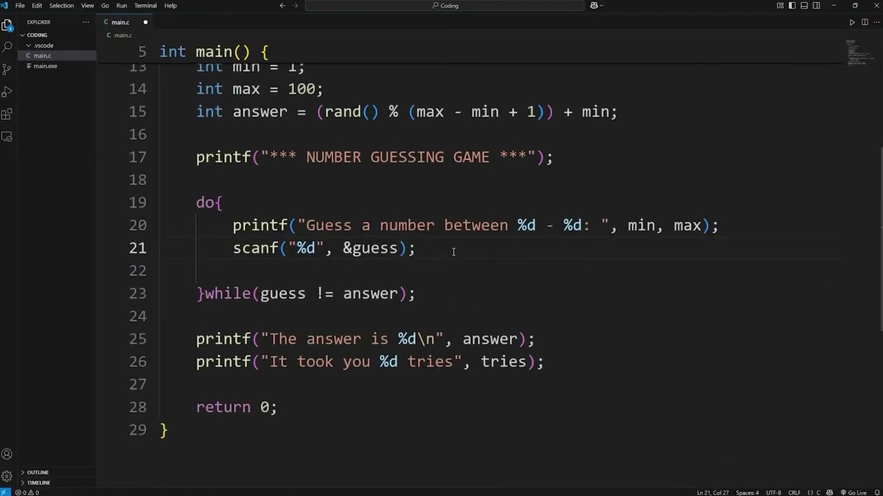 #38. C Programming Full Course for free: number guessing game