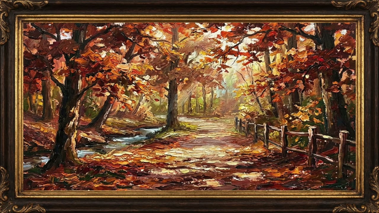 Amber Forest Path | Autumn Creek & Rustic Fence | Warm Impressionist Fall Landscape (4K Framed Art)