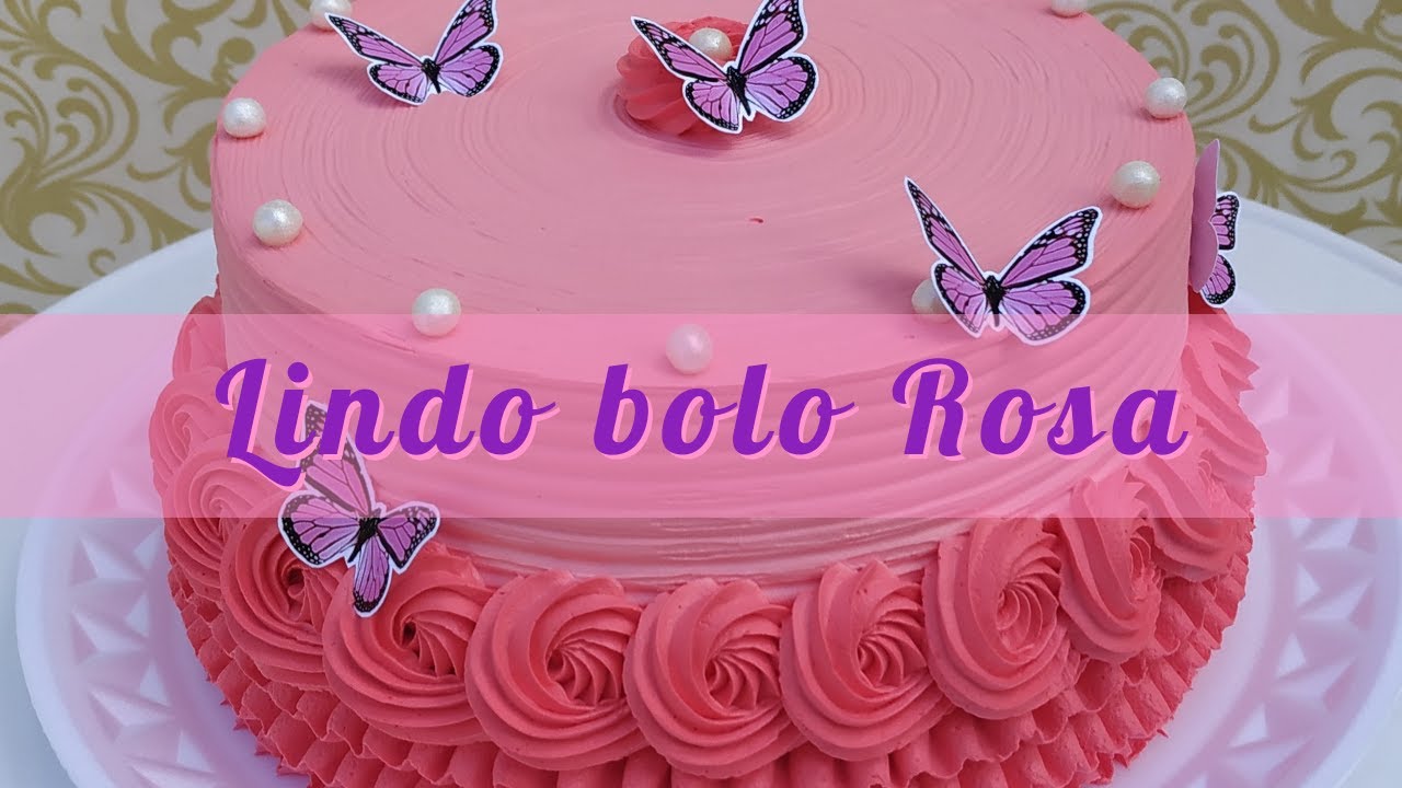 Bolo De Aniversário Rosa Com Gelado De Borboletas E Borboletas