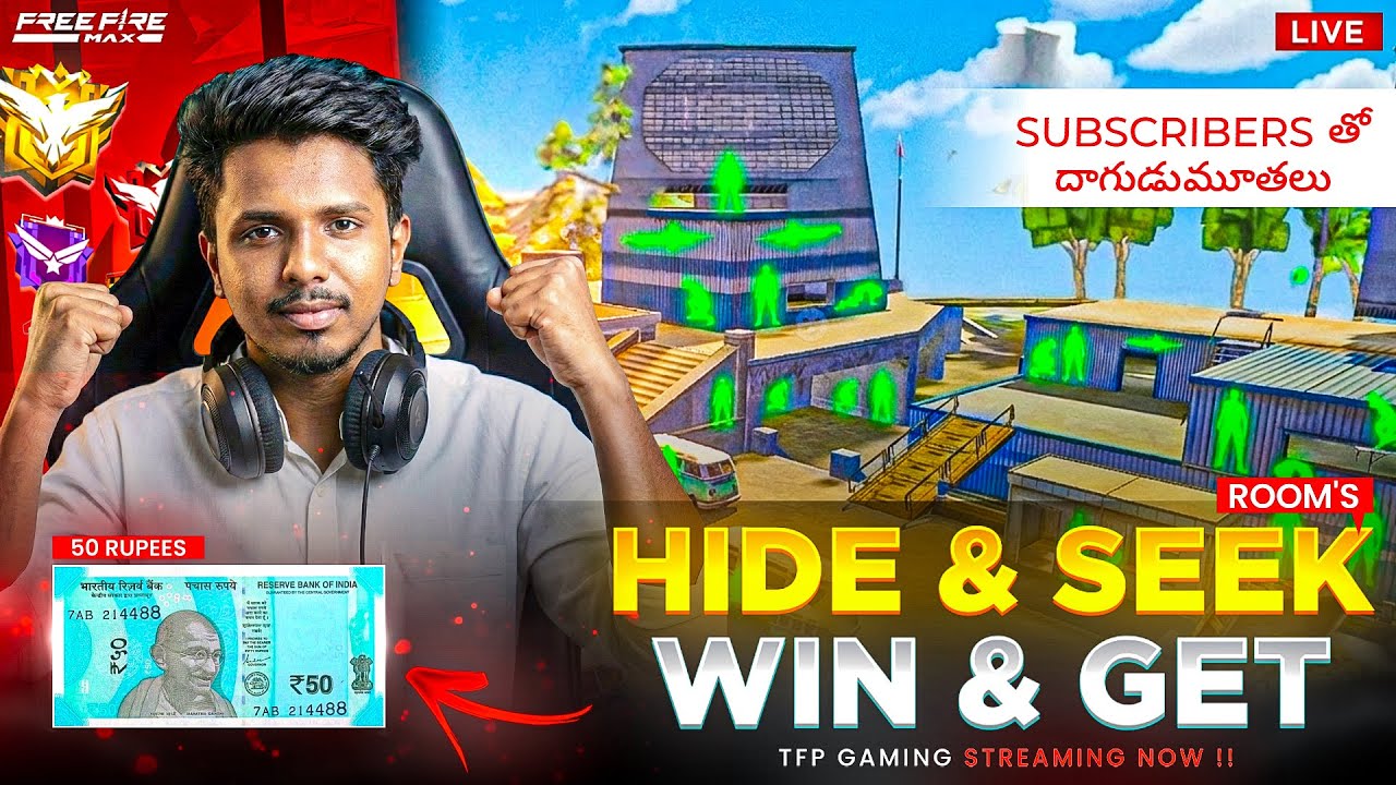 HIDE AND SEEK WITH SUBS |GIVEAWAY  |FF LIVE TELUGU | TFPGAMING IS LIVE 