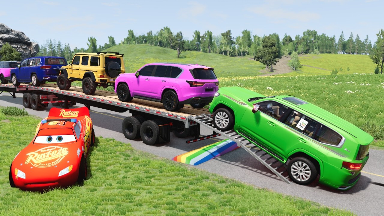 Flatbed Truck McQueen | Transportation with Truck - Pothole vs Car #7 | BeamNG.Drive Gameplay
