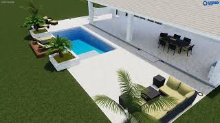 Contemporay 25x12 pool with planters and a raised wooden sun deck.
