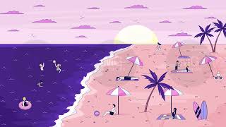 Sunset beach with people swimming and relaxing lofi animation cartoon wallpaper
