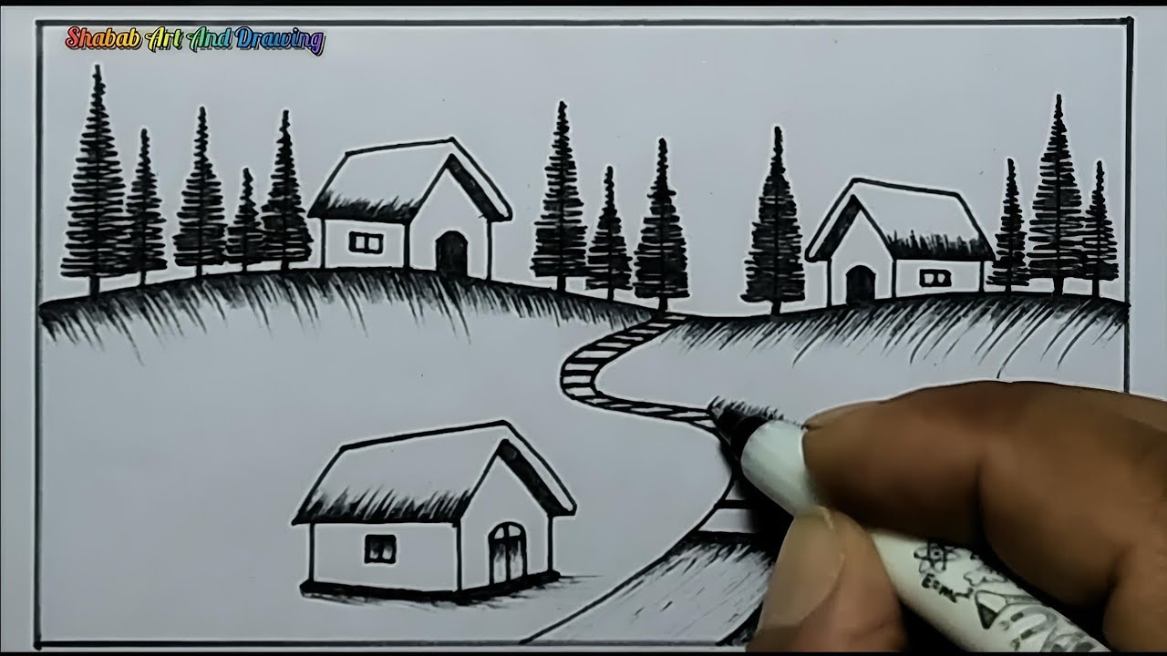 How To Draw a Beautiful Village Scenery | Village Scenery Drawing With Pencil Sketch step by step